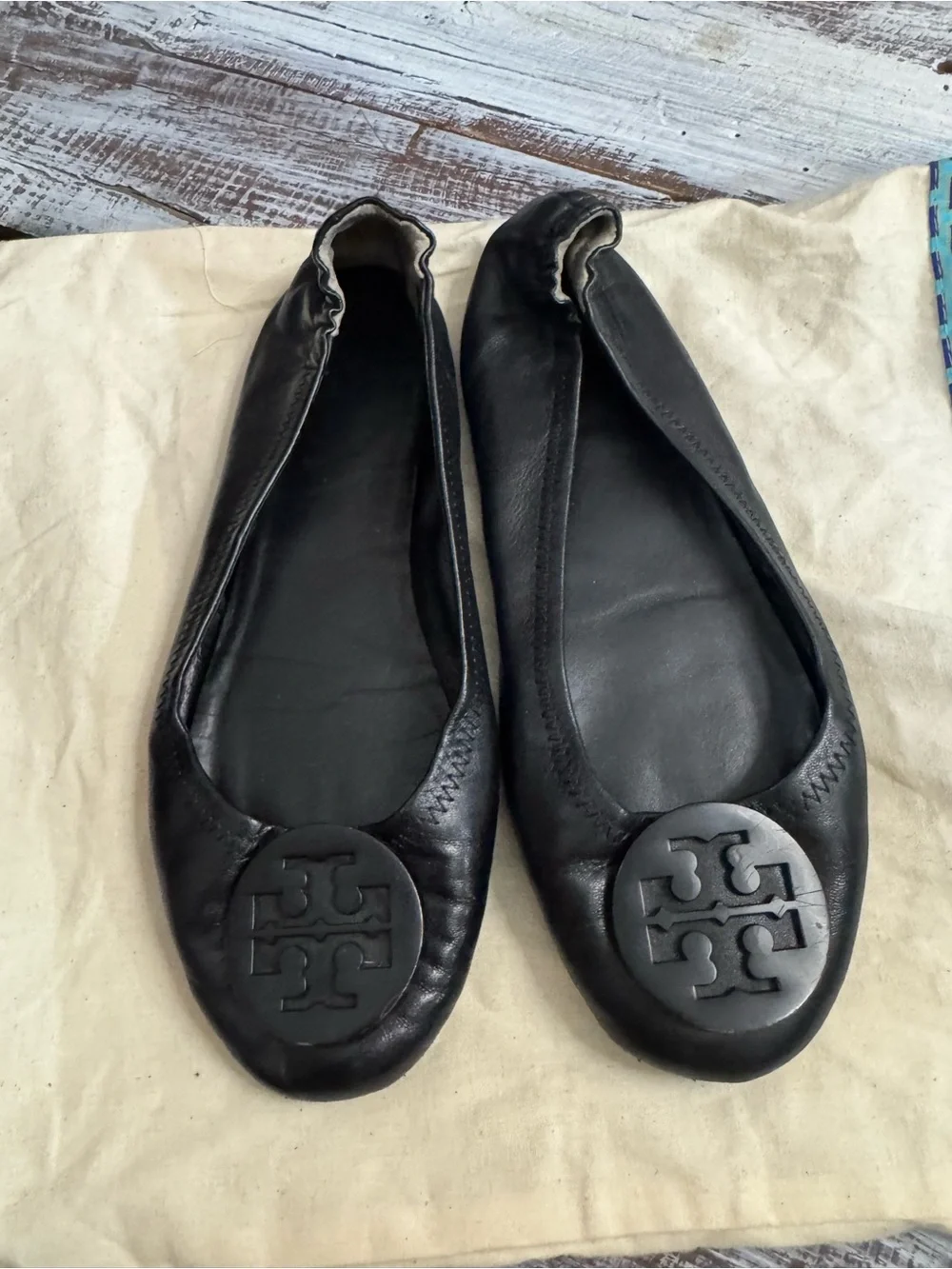 Tory Burch Black Leather Logo Ballet Flats